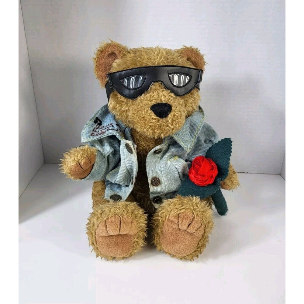 Presley Stuffed Teddy Bear by First & Main w/ Sunglasses Rose Denim Jacket Plush